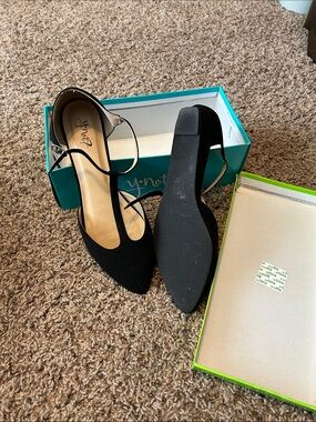 Marvel Black Pointed T-Strap Flats with Ankle Buckle